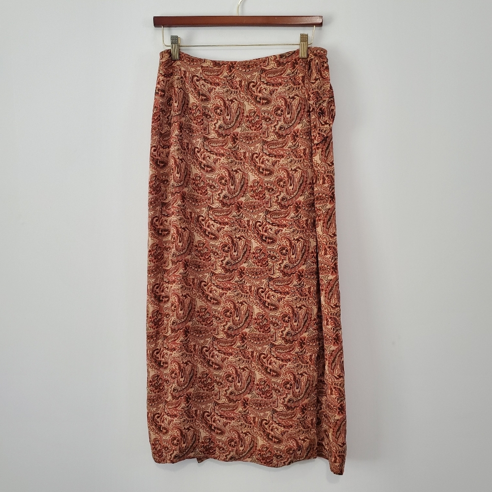 Y2K 100% Silk Wrap Maxi Skirt Charter Club Boho 90s Earth tones Paisley Size 8